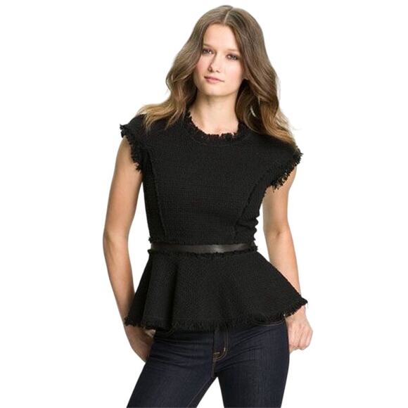 Rebecca Taylor Black Tweed Peplum Fringe Leather Trim Wool Cap Sleeve Top 2 - Picture 1 of 16
